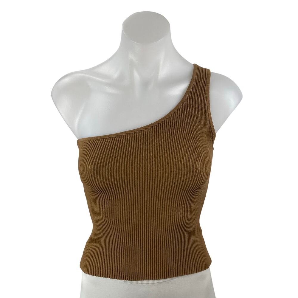 Aritzia Babaton Tan Sculpt One Shoulder Ribbed Knit Sleeveless Blouse Top Size S